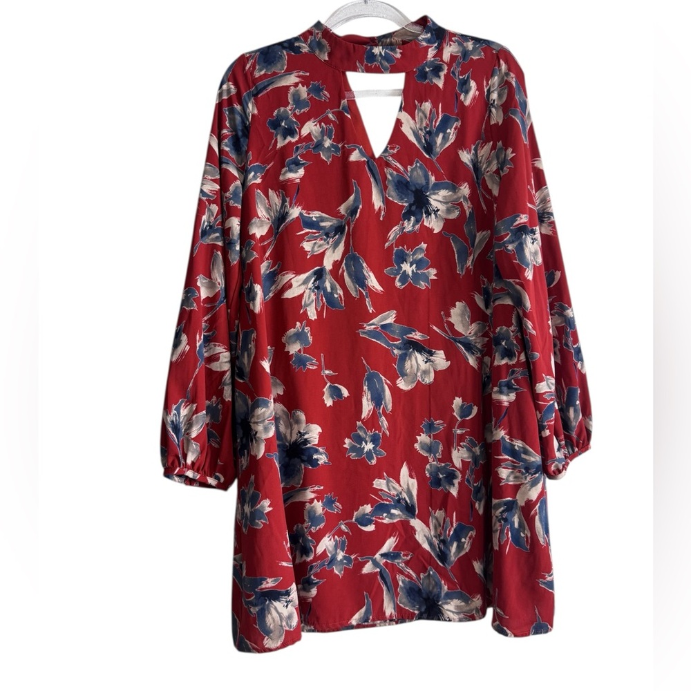 Red Cut Out Floral Print Long Sleeve Dress Size L Peach Love California